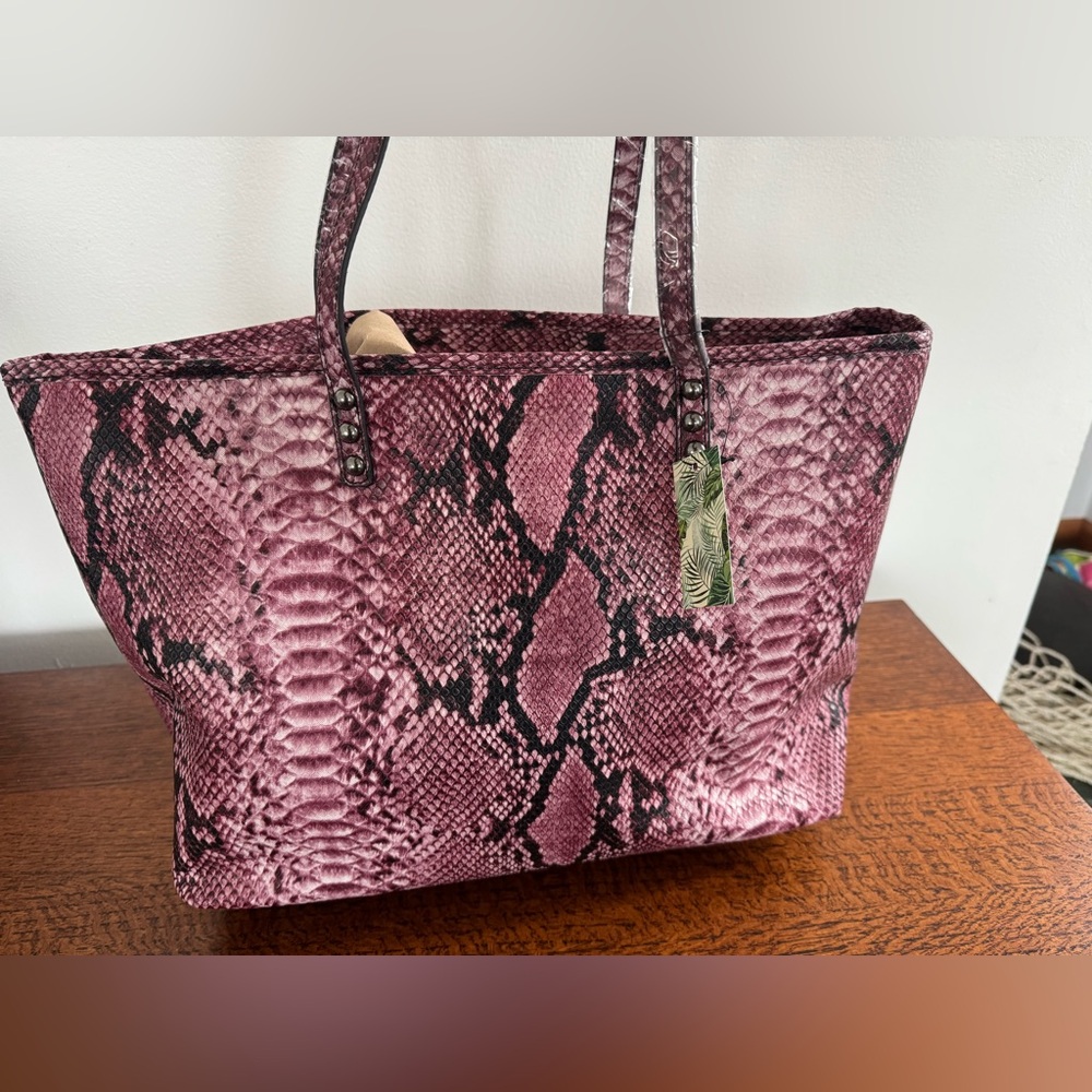 NWT Badgley Mischka Vegan Leather Pink and Multicolor Snake Print Tote - Picture 4 of 10